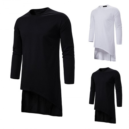 Round Neck Long T-Shirt Men's Loose Dark Trend Irregular Hem Long-Sleeved T-Shirt