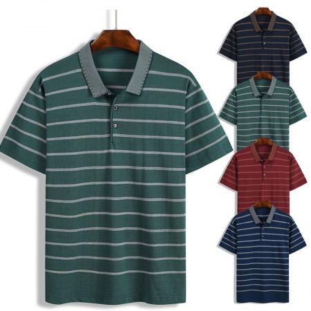 New Summer Men's Hooded Striped Lapel T-Shirt Lapel Short Sleeve